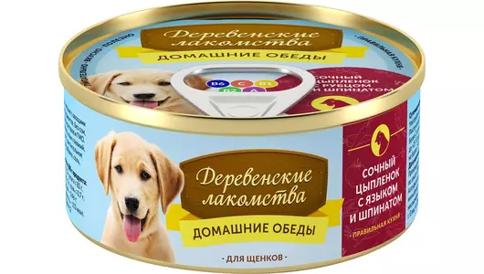 ДЕРЕВЕНСКИЕ ЛАКОМСТВА Корм влаж.сочный цыпленок с языком и шпинатом д/щенков конс.100г