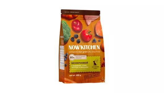 NOW'KITCHEN Полнорационный беззерновой сухой корм для щенков с индейкой, уткой, лососем  и овощами, 400г