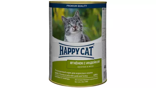 Консервы Happy Cat Кусочки в желе для любых кошек с ягненком и индейкой 400гр