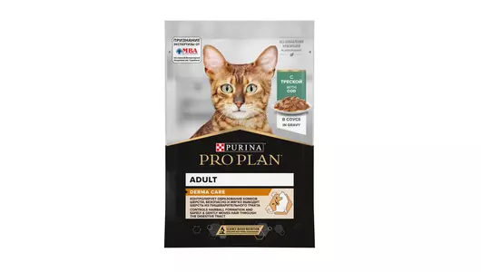 PRO PLAN Derma Care Adult Корм влаж.треска соус д/красоты шерсти и здор.кожи д/кошек пауч 85г
