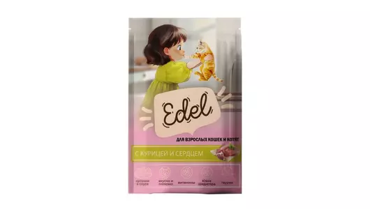 Паучи Edel для кошек и котят любых пород, нежные кусочки в соусе, с курицей и сердцем, полнорационный 85гр