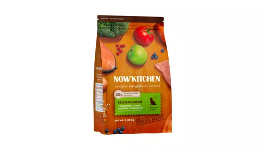 NOW'KITCHEN Полнорационный беззерновой сухой корм для котят с индейкой, уткой, лососем и овощами, 1.36кг