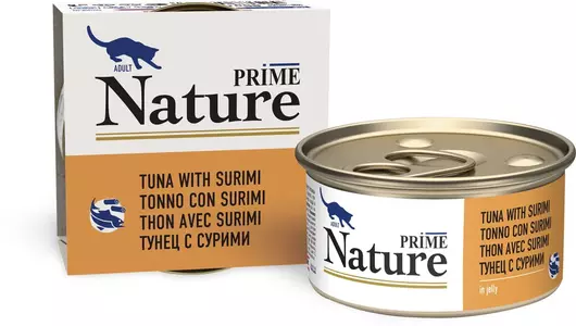 Влажный корм Prime Nature для любых кошек, тунец с сурими в желе 85гр