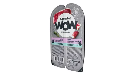 Влажный корм AlphaPet WOW Superpremium для кошек с чувствительным пищеварением, утка и потрошки в соусе 80г