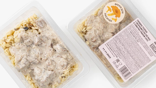 Говядина тушеная с лисичками и пастой Ризо в сливочно-грибном соусе