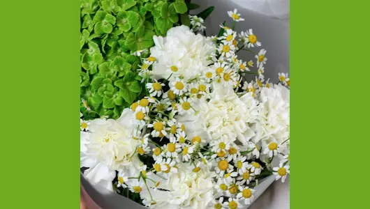 Авторский букет из&nbsp;гортензии, кустовой ромашки и&nbsp;гвоздики "Зелeное поле" FMART by flowwow