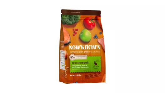 NOW'KITCHEN Полнорационный беззерновой сухой корм для котят с индейкой, уткой, лососем и овощами, 400г