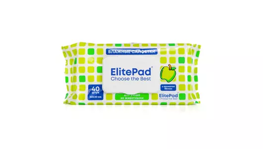ELITEPAD Влажные салфетки очищающие тканевые для собак и кошек с ароматом яблока, 30х20см, 1уп/40шт