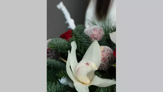 Оригинальный букет в&nbsp;шляпной коробке: с&nbsp;заснеженными яблоками