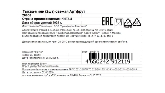 Тыква-мини Артфрут свежая 2 шт Тыква-мини Артфрут свежая 2 шт