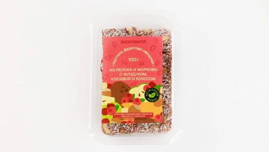 Пастила фруктово-овощная из яблока, моркови с фундук, клюквой и кокосом 100 гр