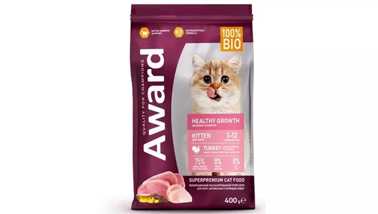 AWARD Healthy Growth Kitten Корм сух.индейка,кур.,рыб.жир,семена льна д/котят,бер.и корм.кошек 400г