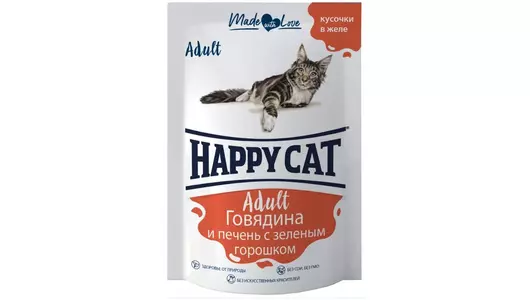 Влажный корм Happy Cat для любых кошек с говядиной, печенью и горошком в желе 85гр