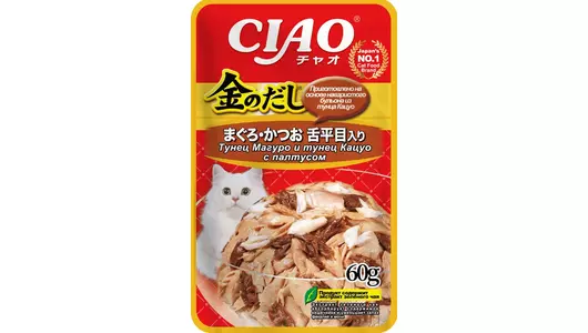 Влажный корм для кошек Inaba Kinnodashi с тунцом Кацуо и Магуро, с палтусом, 60г