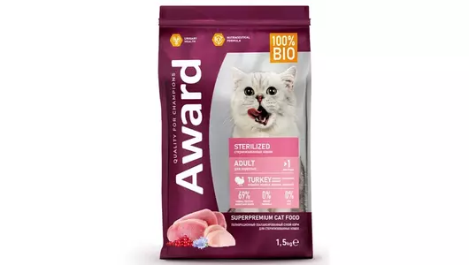 AWARD Sterilized Adult Корм сух.индейка,курица,клюква,цикорий д/стерилизованных кошек 1,5кг