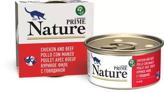 Влажный корм Prime Nature для любых кошек, куриное филе с говядиной в бульоне 85гр