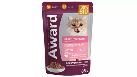 AWARD Healthy Growth Kitten Корм влаж.индейка кусочки в соусе д/котят пауч 85г