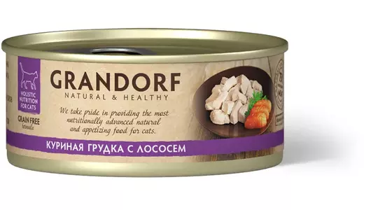 Влажный корм Grandorf (консервы), беззерновой, для любых кошек, куриная грудка с лососем 70г