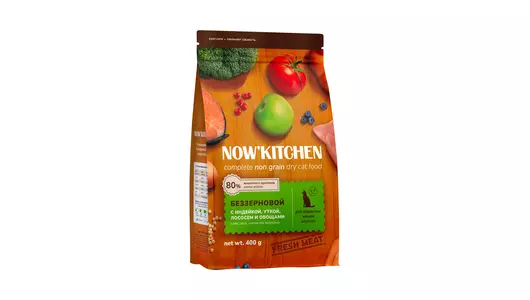 NOW'KITCHEN Полнорационный беззерновой корм для кошек с индейкой, уткой, лососем и овощами, 400г