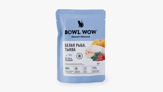 Корм полнорац. для котят и беременных кошек в соусе с белой рыбой и доб. тыквы 85г, BOWL WOW