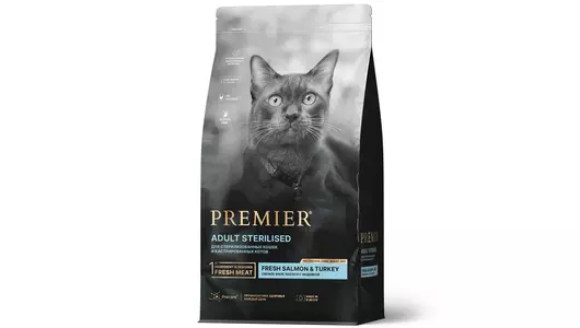 PREMIER Cat Adult Sterilised Salmon&Turkey Корм сух.филе лосося,индейка д/стерил.кошек 400г