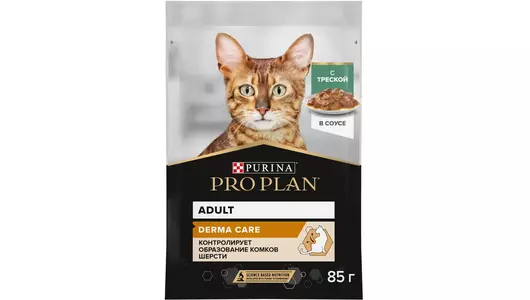 Влажный корм PRO PLAN DERMA CARE для кошек для здоровья кожи и красоты шерсти, с треской в соусе, 85гр
