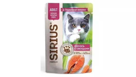 Влажный корм Sirius для любых кошек, кусочки в соусе "Лосось с овощами" 85&nbsp;г