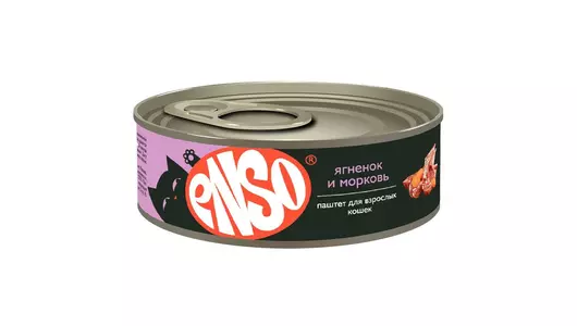 Корм влажный ENSO консервированный полнорационный для любых кошек, паштет с ягненком и морковью, банка 100г