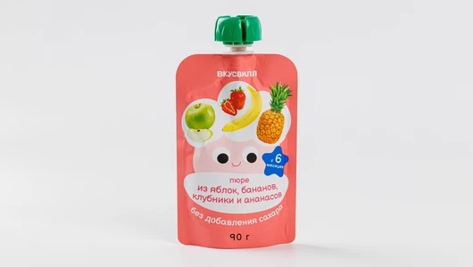 Пюре из яблок, бананов, клубники и ананасов, 90 г