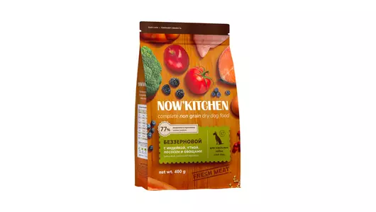 NOW'KITCHEN Полнорационный беззерновой сухой корм для собак с индейкой, уткой, лососем и овощами, 400г