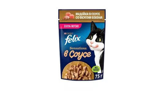 Влажный корм Felix Sensations для взрослых кошек, с индейкой в соусе со вкусом бекона 75&nbsp;г