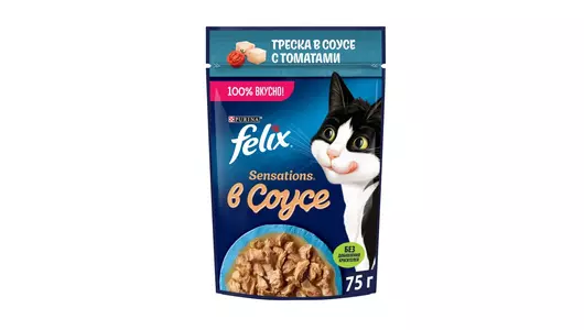 Влажный корм Felix Sensations для взрослых кошек, с треской в соусе с томатами 75 г