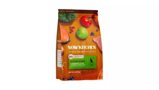 NOW'KITCHEN Полнорационный беззерновой корм для кошек с индейкой, уткой, лососем и овощами, 1.36кг