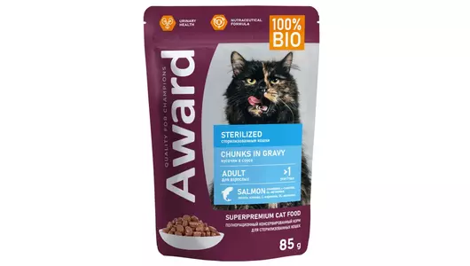 Влажный корм AWARD Sterilized для взрослых стерилизованных кошек кусочки в соусе с лососем 85гр