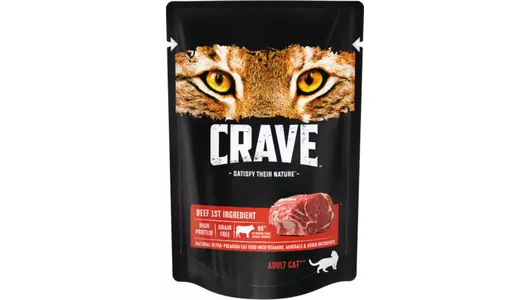 CRAVE 70гр Корм для взрослых кошек, с говядиной (пауч)