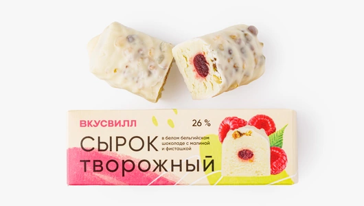 Сырок творожный "Малина" с фисташкой в белом бельгийском шок. 26%