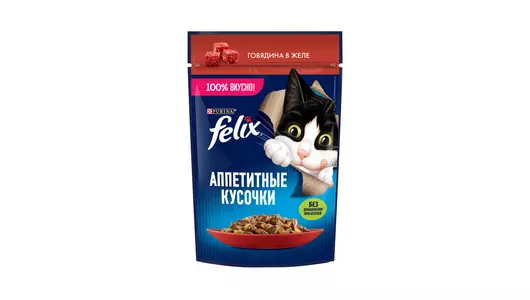FELIX 75гр Корм для кошек Говядина кусочки в желе пауч