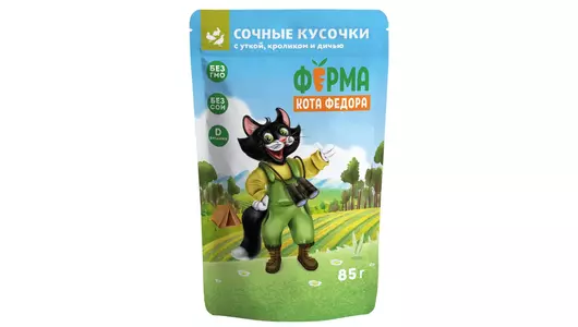 Влажный корм Ферма кота Фёдора мясные кусочки для кошек с уткой, кроликом и дичью 85гр