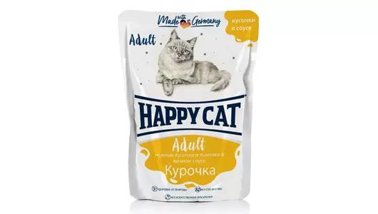 Паучи Happy Cat для любых кошек, с курочкой в соусе, кусочки в соусе 85гр