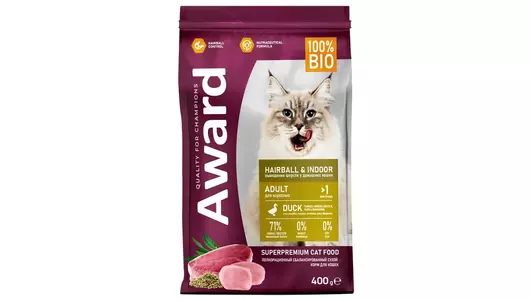 AWARD Hairball&Indoor Adult Корм сух.утка,индейка,чечевица д/вывед.шерсти д/кошек 400г