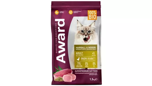 AWARD Hairball&Indoor Adult Корм сух.утка,индейка,чечевица д/вывед.шерсти д/кошек 1,5кг