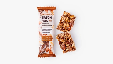 Изображение товара Орехово-арахисовый батончик с шоколадом и карамелью 66% орехов