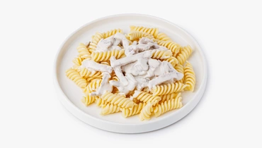 Паста Фузилли с ветчиной и грибами в сливочном соусе