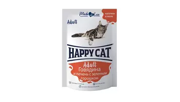 Изображение товара HAPPY CAT 100гр Корм для любых кошек Говядина Печень Горох в желе (пауч)