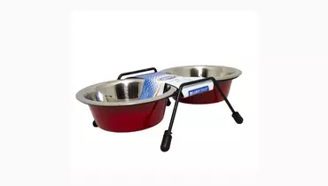 Изображение товара Двойная металлическая миска для животных на подставке 16 см 950 мл красная DUVO+