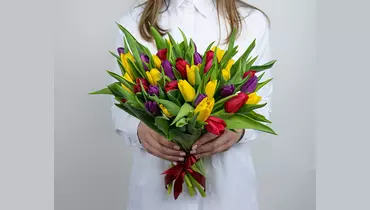 Букет из&nbsp;35 тюльпанов микс стандарт под&nbsp;ленту