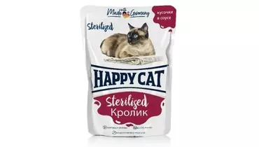 Изображение товара Паучи Happy Cat Sterilised для стерилизованных кошек, кусочки в соусе с кроликом 85гр