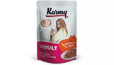 Изображение товара Паучи Karmy Adult Cat для взрослых кошек и котов с телятиной в соусе 80гр