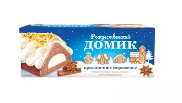 Изображение товара Мороженое Солнечный день пломбир Рождественский домик с кусочками шоколада