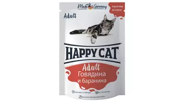 Изображение товара Пауч Happy Cat для кошек любых пород, с говядиной и бараниной в соусе 85гр